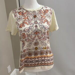 Tory Burch Cream Top. Silk front and linen sleeves and back